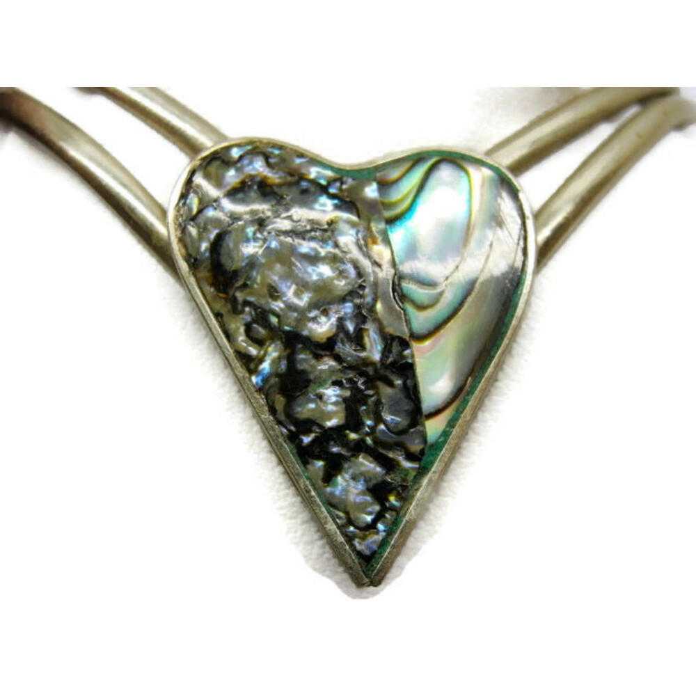 Heart Shaped Abalone Shell Cuff Bracelet 2" Vtg Alpaca Silver HECHO EN MEXICO